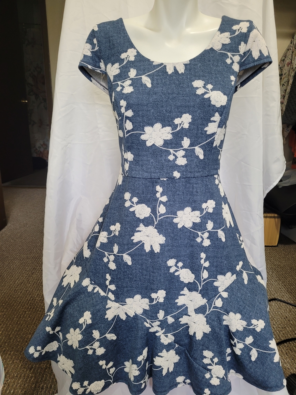 Blue Floral Fit-and-Flare Dress with White Embroidered Flowers